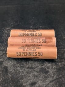 Three 1959-D Brilliant Uncirculated Unopened Federal Reserve Bank Lincoln Head Cent Rolls - 3 Rolls