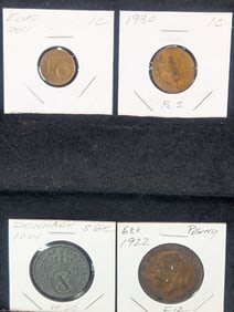 Lot of 4 Coins (2011 Euro 1C, 1922 GBR Penny, 1944 Denmark 5 Ore; 1930 Wheat Penny