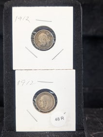 2-1912 Great Britain 3 Pence Coins, 92.5% Silver