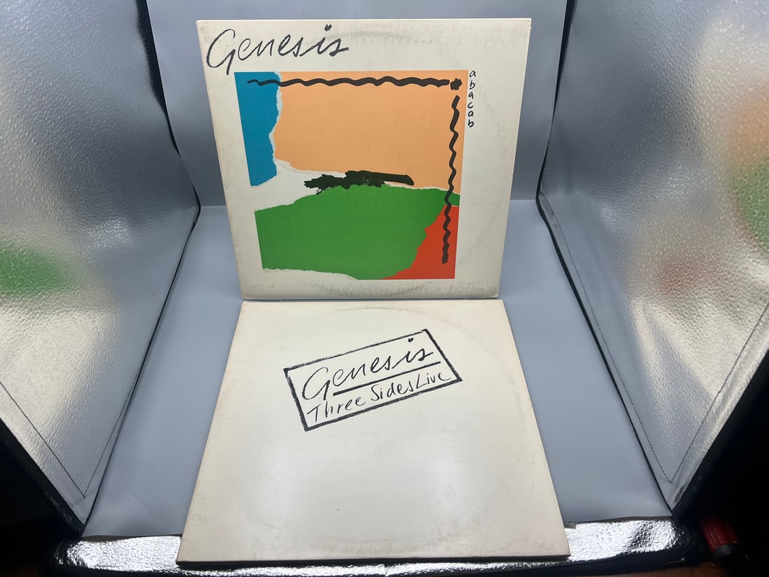Genesis (2 LP Lot): Abacab (1981), Cyan/Orange/Red/Green Cover - marked as "D" on spine; and Three (1 of 5)