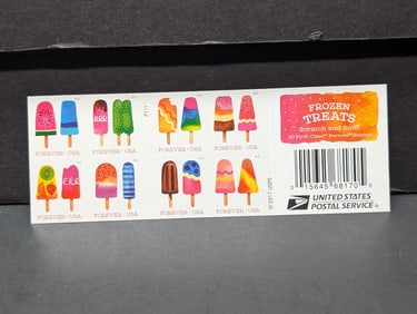 Sheet Of Scratch & Sniff Frozen Treats 2018 Forever Stamps, Face Value $14.60.