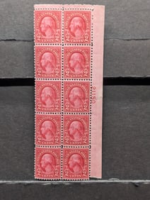 Plate Block w/ 10 Two Cent U.S. Washington Postage Stamps