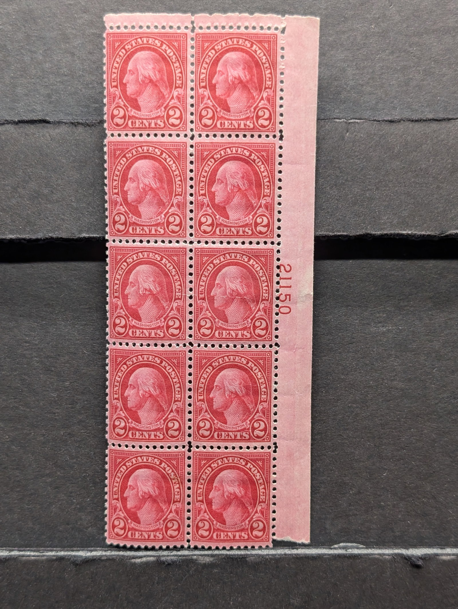Plate Block w/ 10 Two Cent U.S. Washington Postage Stamps (1 of 2)