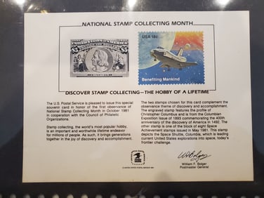 National Stamp Collecting Month 18 cent Columbus and Space Shuttle Card AND 1981 WIPA First Day