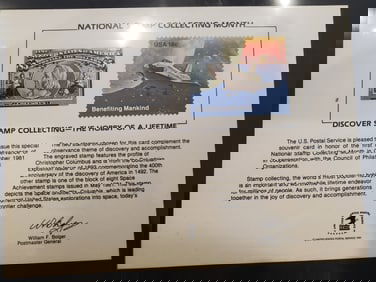 National Stamp Collecting Month 18 cent Columbus and Space Shuttle Card AND 1981 WIPA Mint Postal