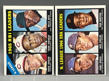 1966 Topps NL RBI Leaders Johnson/Robinson/Mays #219 & 1967 Topps NL ERA Leaders