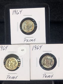 (3) 1964 Proof Roosevelt Dimes, 90% Silver