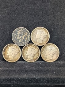 Five 1942-P Mercury Dimes