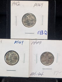 1942, 1943, 1944 Mercury Dimes. WWII Era. MS