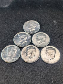 Six 1967-P Kennedy Half Dollars. 40% Silver.
