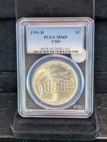 1991-D USO Uncirculated Silver Dollar Graded MS69 by PCGS