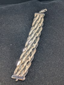 Woman's Vintage Sterling Silver 7" Braided Herringbone Bracelet Marked 925 Made In Italy, Milor.