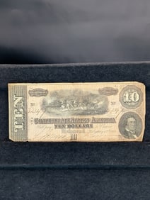 1864 $10 Confederate States Of America Bank Note. Center: Field Artillery. Lower Right: Bust Of R.
