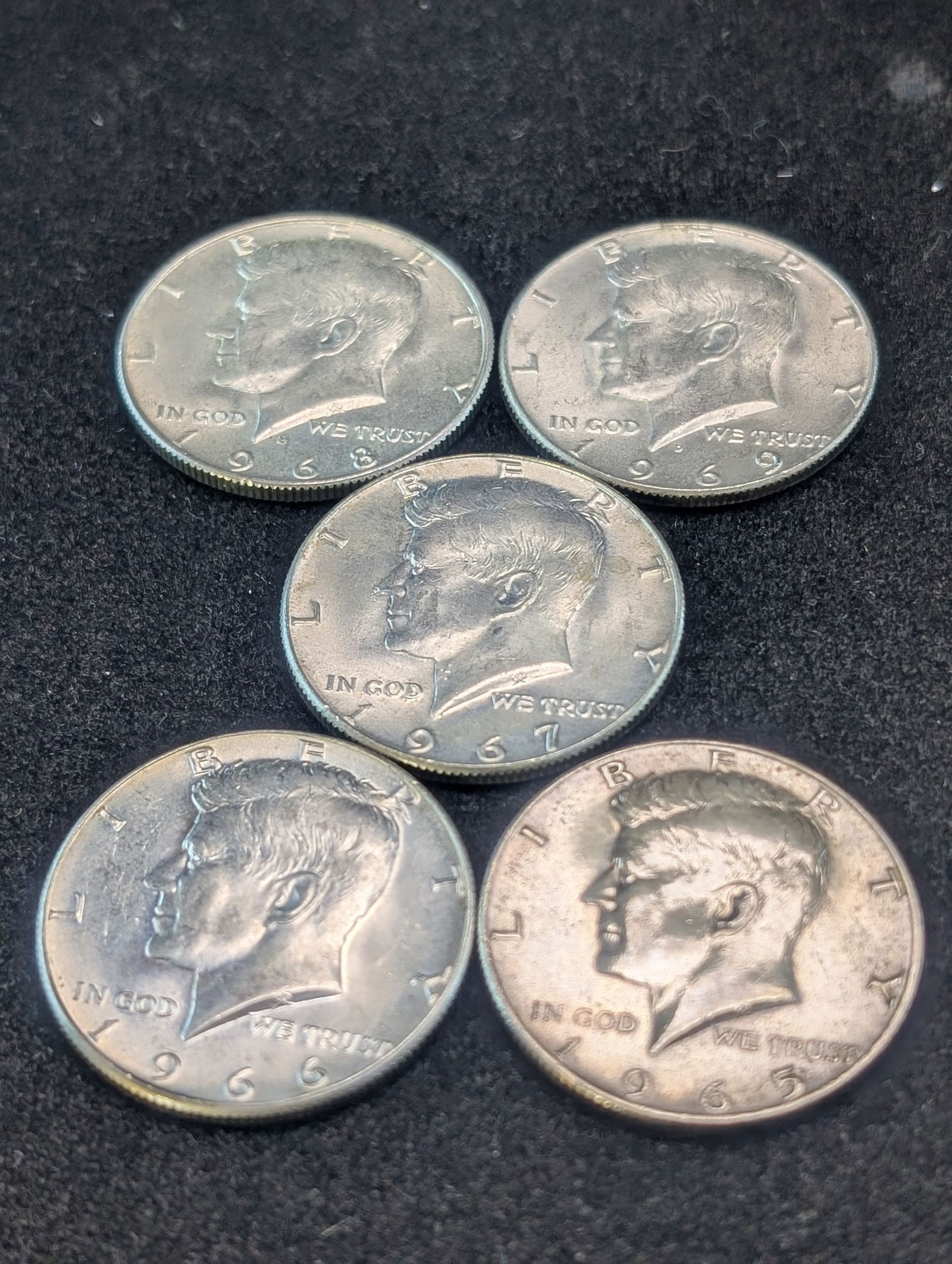 1965, 1966, 1967, 1968-D, & 1969-D Kennedy Half Dollars. 40% Silver. (1 of 2)