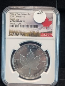 2019 $5 .9999 Pure Silver Proof Canadian Maple Leaf Graded PF 70 By NGC Grading Company.