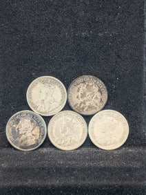1920 1921 1928 1931 1936 Canada 10 Cents 80% Silver Coins. Portrait Of George V. 5 Coins.