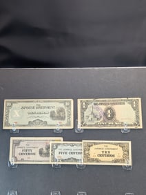 1943 Japan 5, 10, 50 Centavos And 1, 10 Pesos Philippines WWII Military Invasion Currency. 5 Notes.