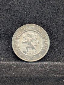 1864 (AU-UNC, Amazing Details, Lion Coin) Belgium 5c, 163 Years Old!
