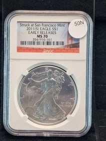 2011 (S) Gem Brilliant Uncirculated Silver American Eagle Early Release Graded MS70 By NGC Grading