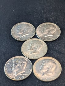 1965, 1966, 1967, 1968-D, & 1969-D Kennedy Half Dollars. 40% Silver.