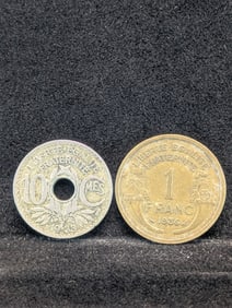 2 French Coins (1933 XF+ 10c & 1936 XF-AU 1 Fr)