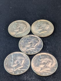 1965, 1966, Two 1967, & 1968-D Kennedy Half Dollars. 40% Silver.