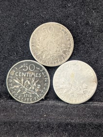 1900, 1916, & 1918 50 Centimes. 2.5 grams, 83.5% Silver Each.