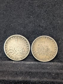 Two 1916 1 Francs. 5 grams, 83.5% Silver Each.