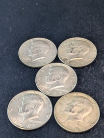 1965, 1966, Two 1967, & 1968-D Kennedy Half Dollars. 40% Silver.