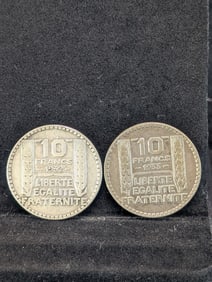 1932 & 1933 10 Francs. 10 grams, 68% Silver Each.