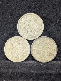 1928 & Two 1929 6 Pence's. 2.8276 grams, 50% Silver Each.