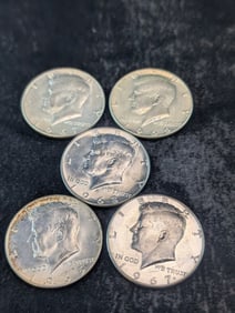 1965, 1966, Two 1967, & 1968-D Kennedy Half Dollars. 40% Silver.
