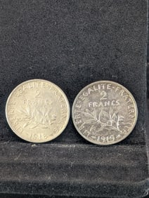 1918 & 1919 2 Francs. 10 grams, 83.5 % Silver Each.