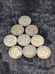 Nine King George VI British 3 Pence. 1.41 grams, 50% Silver Each.