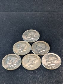 Six 1967-P Kennedy Half Dollars. 40% Silver.