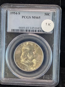 1954-S Franklin Half Dollar. Graded By PCGS MS65