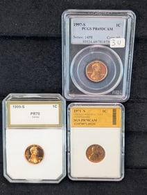 3 Certified Lincoln Cents. 1971-S PR70 Cam SGS, 1999-S PR 70 Cameo PCI and 1997-S PCGS PR 69 Deep