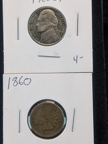 1860 Indian Head Cent in VG and a 2000-S Proof Jefferson Nickel.