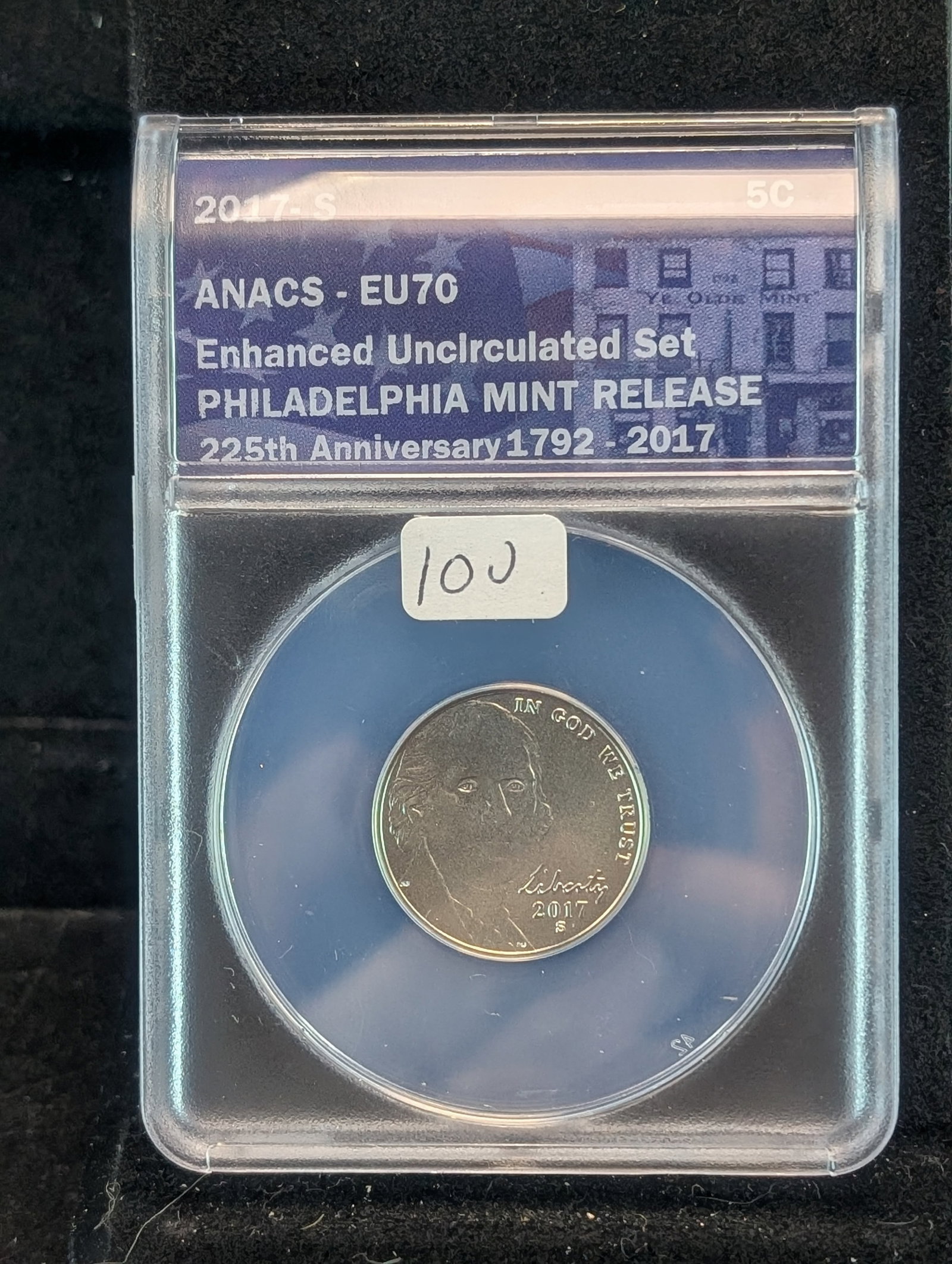 2017-S ANACS EU 70 Perfect Enhanced Finish Jefferson Nickel from Special Mint Set.: 2017-S ANACS EU 70 Perfect Enhanced Finish Jefferson Nickel from Special Mint Set.