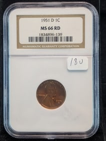 1951-D NGC MS66 Red Lincoln Wheat Cent. Books at $55.