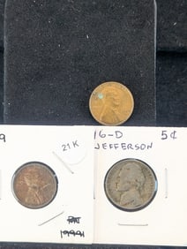1919 Lincoln Wheat Cent, 1939-S Wheat Cent, & 1946-D Jefferson Nickel