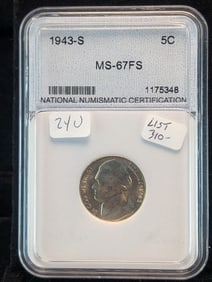 1943-S Gem MS 67 Full Step Silver Jefferson Nickel Certified by NNC. Greysheet Marketplace list is