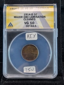 1914-D Key Date Lincoln Wheat Cent ANACS Certified VG10. Rare obverse Lamination as well. Books at