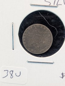 1858 3 Cent Silver U.S. Coin. Tough coin Books $55 in good and $65 in VG.