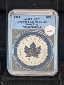 2014 $5 Canadian Silver Maple Leaf, Horse Privy, Graded By ANACS SP70