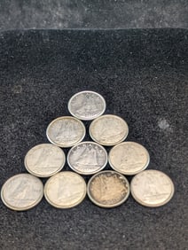Ten 1960'S 80% Silver Canadian Dimes