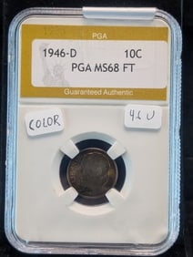 1946-D Amazing Roosevelt Dime Certified PGA MS 68 Full Torch Lines with amazing 2 sided toning.