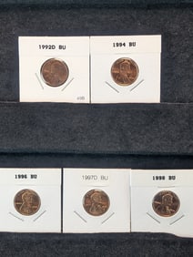 5 BU Mixed Date Lincoln Cents 1992-D, 1994, 1997-D, 1996, 1998