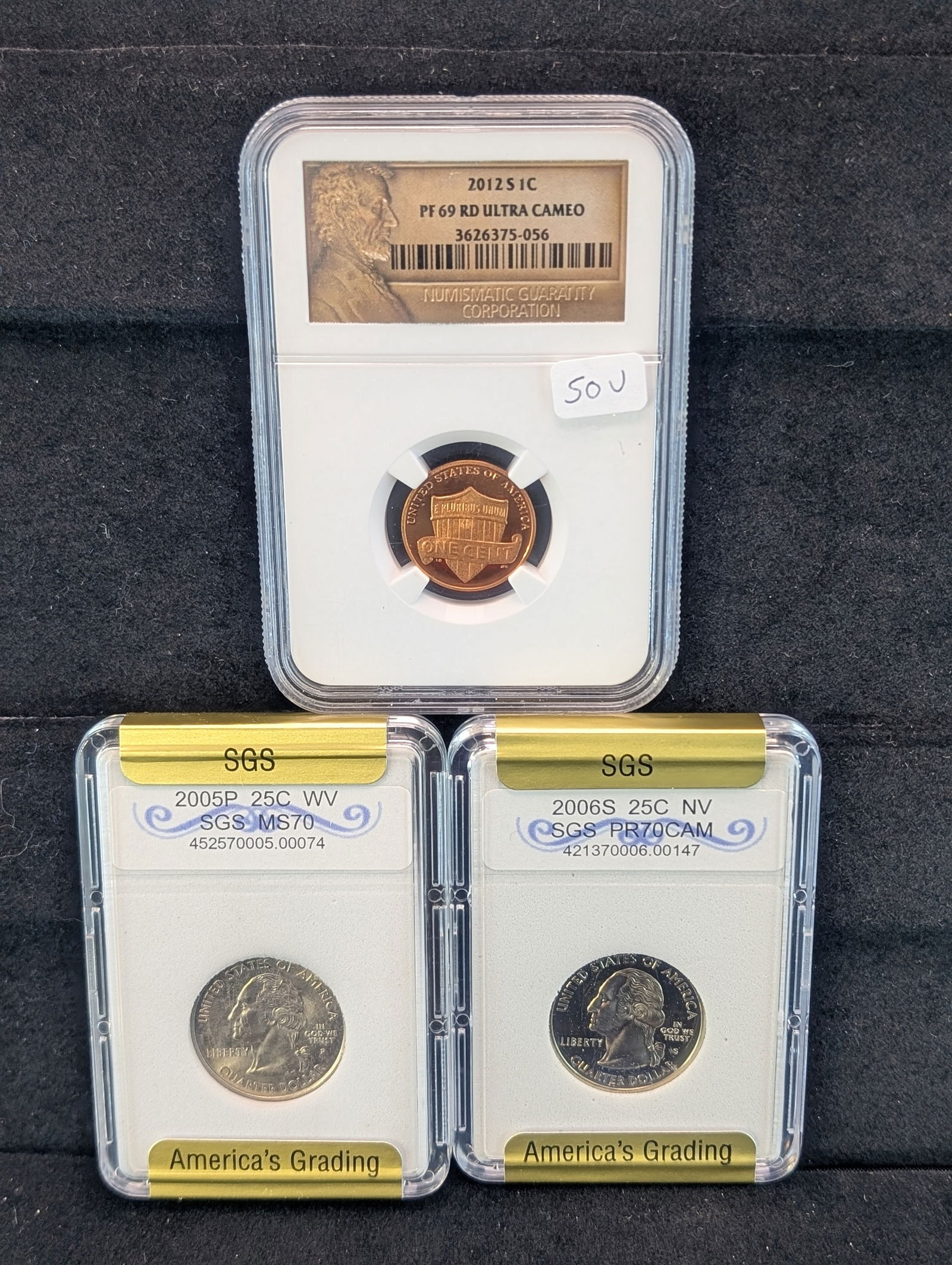 2012-S NGC PR69 Ultra Cameo Lincoln Cent and a 2006-S Nevada State Quarter in PR70 and a 2005-P West (1 of 3)