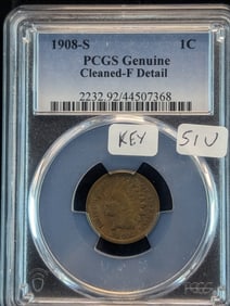 Key Date 1908-S Indian Cent PCGS Fine Condition. Books $135.